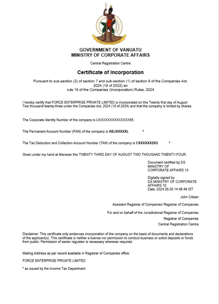 Vanuatu business registration certificate Word and PDF template